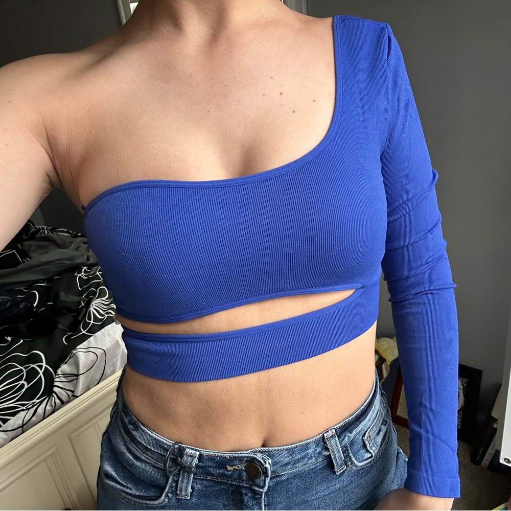 Garage one sleeve crop top with cutouts in royal blue